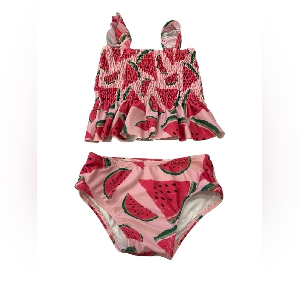 Poppy Kids Co Girl Watermelon Print Smocked Swimsuit Set in size 2T